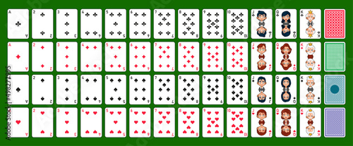 Poker Cards Set with Back on Green Background. Vector