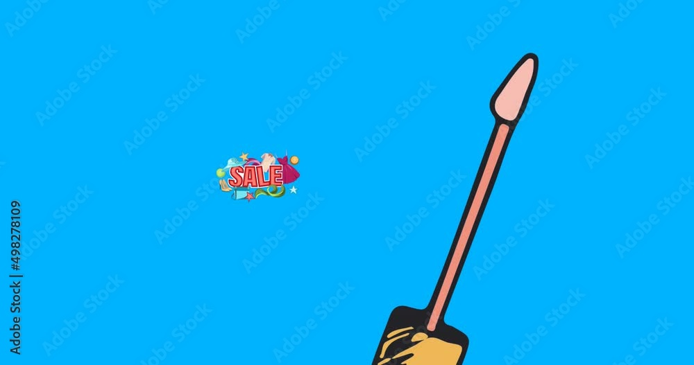 Animation of mascara icon over sale text on blue background Animation of mascara icon over sale text on blue background