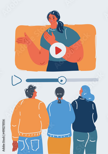Vector illustration of Live streaming. Three people watch bloger on chanel
