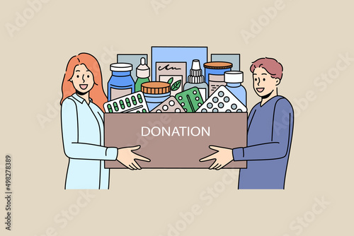 Smiling diverse people hold box with medications donate to poor needy people. Caring man and woman make medicaments or drugs donation. First aid, charity and volunteer. Vector illustration. 