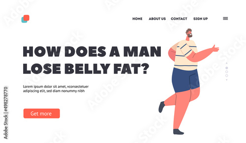 Plus Size Male Character Loss Belly Fat Landing Page Template. Overweight Man Active Sport Life, Stages of Weight Loss