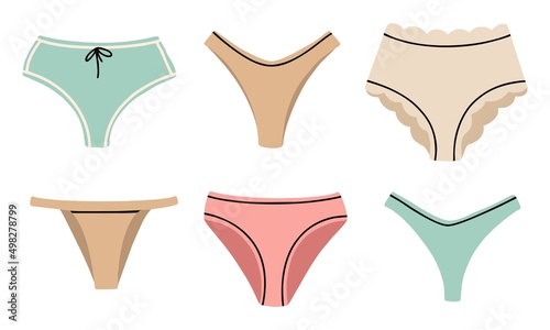 Underwear icons. A large set of women's underpants. Pastel colors. Flat design, hand drawn cartoon, vector illustration.