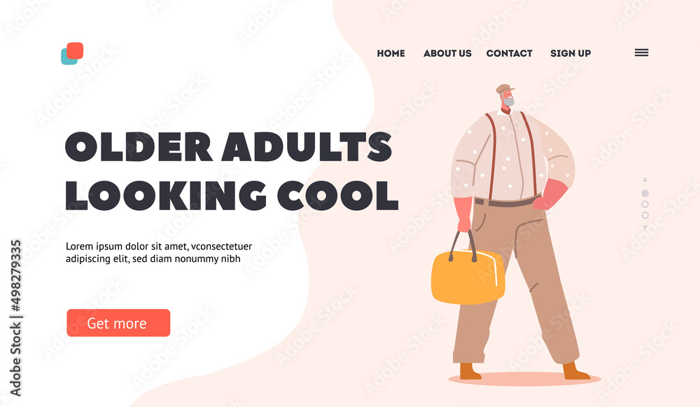 Trendy Man Wear Hipster Clothes Landing Page Template. Hat pants on Suspenders and Yellow Handbag, Old Male Character