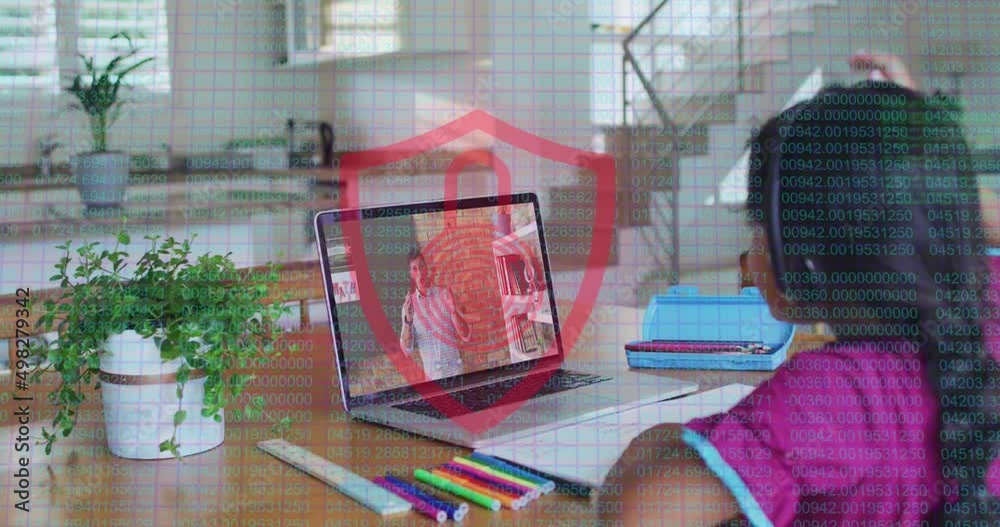 Animation of digital padlock with biracial girl having school video call