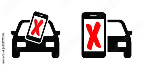No mobile phones. Drive mobile-free, drive MONO. Vector traffic, road car icon, pictogram. Without distraction from apps or social media posts. Keep your eyes on the road. Mobile phone symbol or logo.