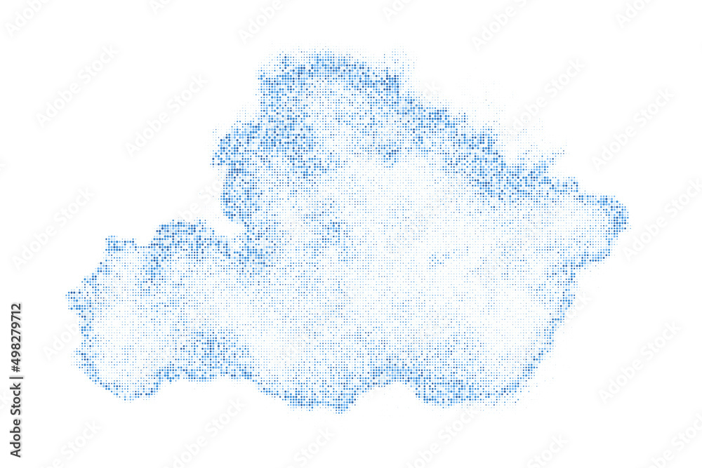 Abstract Halftone Blue Cloud, Isolated on White Background. Frozen Motion of Round Particles.  Modern Dotted Futuristic Backdrop. Vector Illustration, Eps 10.