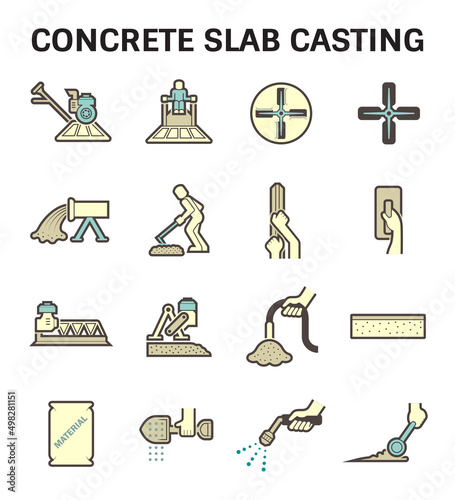 Concrete slab and epoxy floor finishing construction and repair vector icon set consist of worker, machine equipment i.e. power trowel to casting, screed, grinding and leveling by builder, contractor.
