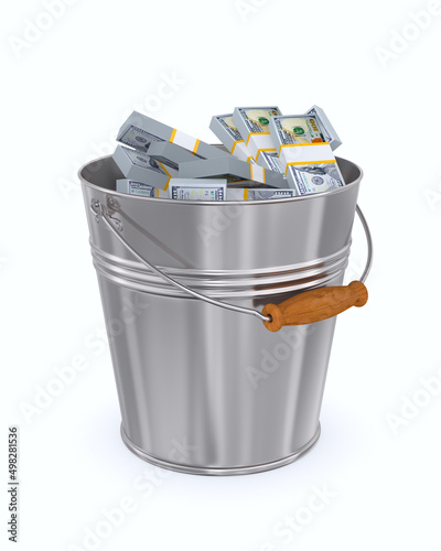metal bucket with money on white background. Isolated 3D illustration