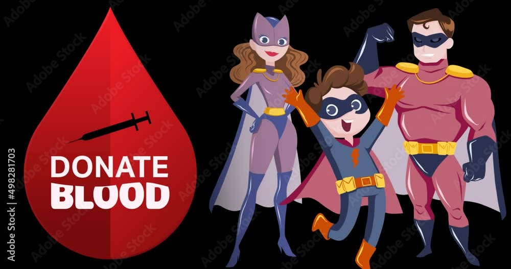 Animation of donate blood text with blood drop and superheroes on black background Animation of donate blood text with blood drop and superheroes on black background