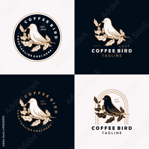 Coffee bird vintage logo design template. Bird with coffee leaf illustration.