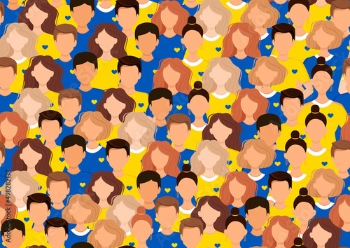 Group of people in the colors of the Ukrainian flag. Crowd of young people men and women in support of Ukraine. Population, patriots, society. Flat vector illustration. Seamless pattern