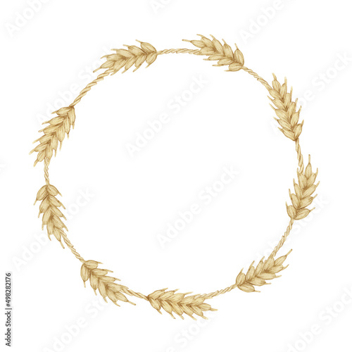 Watercolor round frame with vintage embroidery ears of wheat isolated on white background. Needlework collection.