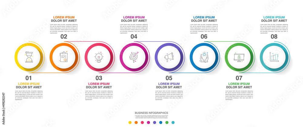 Modern and simple line vector illustration. Infographic template with eight circles, elements and percentages. Designed for business, presentations, timeline, interface 8 step diagrams