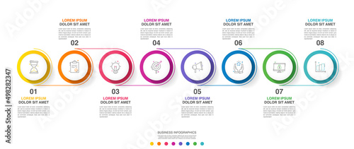 Modern and simple line vector illustration. Infographic template with eight circles, elements and percentages. Designed for business, presentations, timeline, interface 8 step diagrams