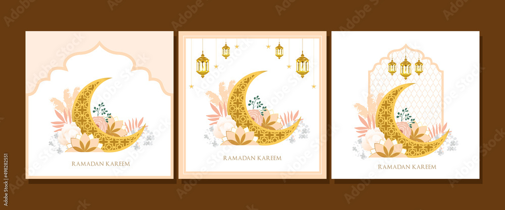 Ramadan Kareem greeting cards set with crescent, lanterns and flowers