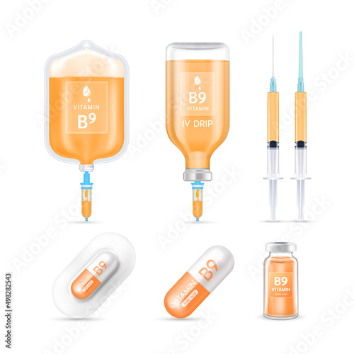 Vitamin B9 inside saline bag, capsule, vaccine bottle and syringe isolated on white background vector. Serum collagen vitamins IV drip and minerals orange for health. Medical aesthetic concept.