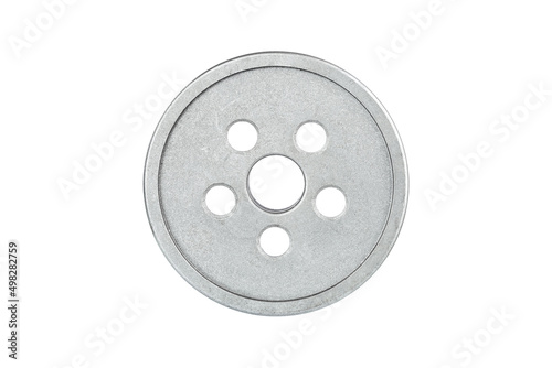 circle object wheel hub with holes for fastening car parts isolated on white background, nobody.