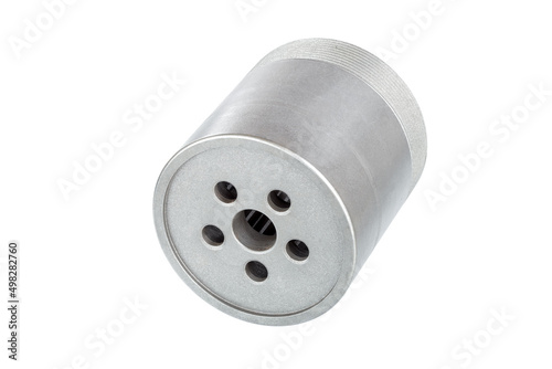 hydraulic piston polytherm pump with male thread iron detail concrete pump spare part with technological holes for pumping liquid concrete, object isolated on white background.