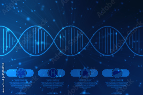 DNA structure, Genetics and medical science concept, Concept of biochemistry with Dna molecule on abstract medical background