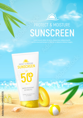 Sunscreen ad poster template. Banner with tube of sunscreen on beach sand with tropical plant, seashells, inflatable ball and ring. Vector 3d ad illustration for promotion of summer goods.