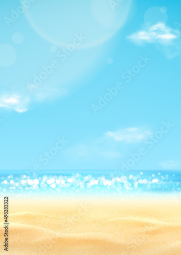 Realistic landscape of summer beach. Sea coast with sunny sky and clouds. Beautiful summer scene with blue sky and clouds. Empty sea with clear horizon. 3d vector illustration.