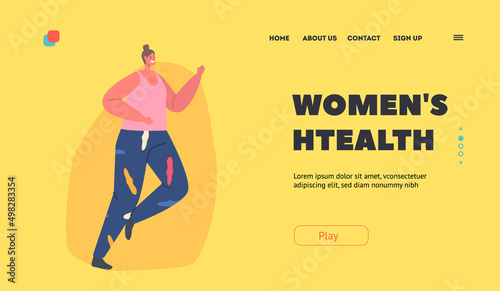 Women Health Landing Page Template. Overweight Woman Weight Loss, Walking, Young Plus Size Girl Character Exercising