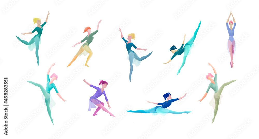 Illustration set of women ballet dancers in different positions and jumps