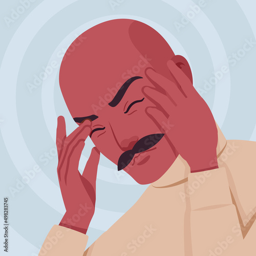Handsome guy, spanish man, Latin America suffering with migraine, headache. Office worker, business manager in beige turtleneck sweater, social media profile picture. Vector flat style illustration