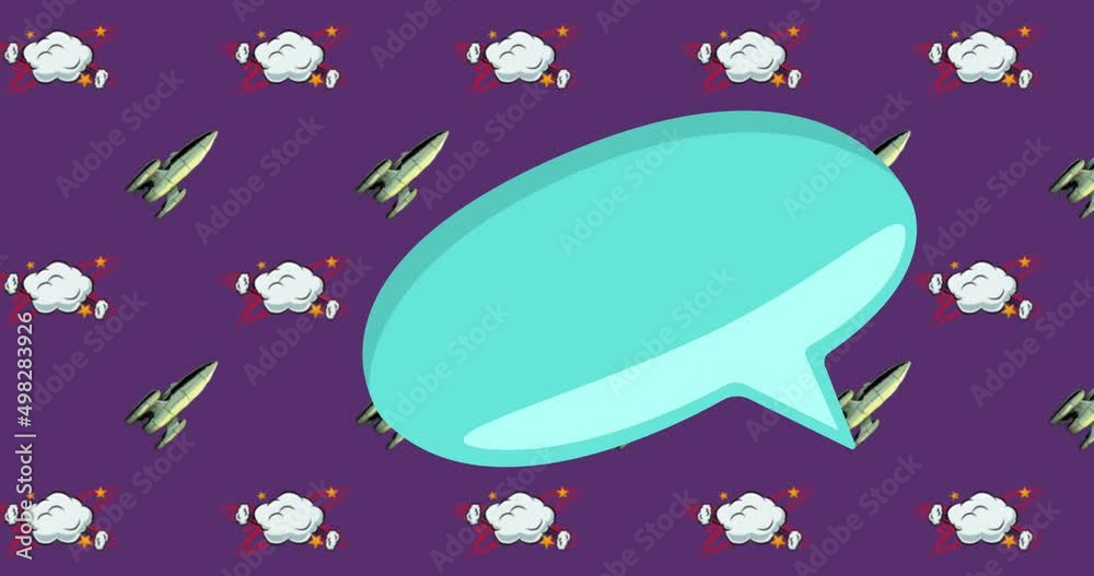 Animation of speech bubble and icons over purple background Animation of speech bubble and icons over purple background
