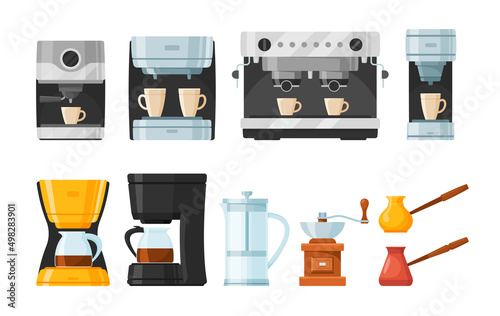 Set of Coffee Makers and Machines, Pot and Espresso Machine With Cup and Mug, French Press, Drip, Pour Over and Cezve