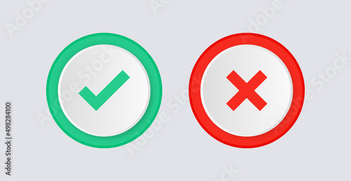 3d checkmark icon button correct and incorrect sign or check mark box frame with green tick and red cross symbols - yes or no 3d icons buttons	
 photo