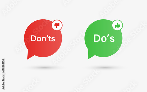 Dos and donts icons with speech bubble - thumbs up or thumb down. Like or dislike - do's and don'ts bubble - true or false - Dos and dont	
