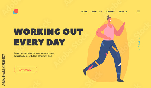Female Character Run Daily Workout Landing Page Template. Athletic Woman in Sports Wear Running Marathon or Sprint