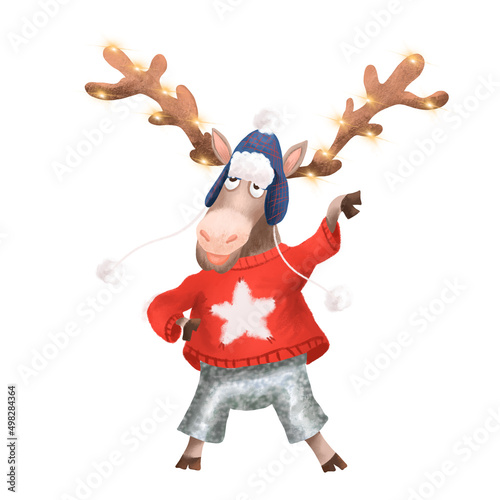 Cute little deer with christmas decorations. Adorable cartoon character.