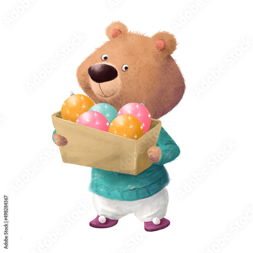 Cute little bear with christmas decorations. Adorable cartoon character.