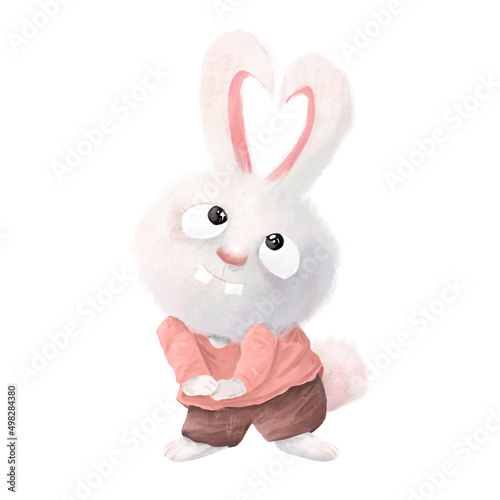 Cute white bunny with ears in a heart shape. T-shirt print, kids wear fashion design, baby shower invitation card.