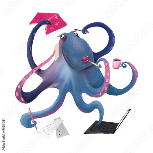 Lovely octopus. Multitasking skills. Cute cartoon character.