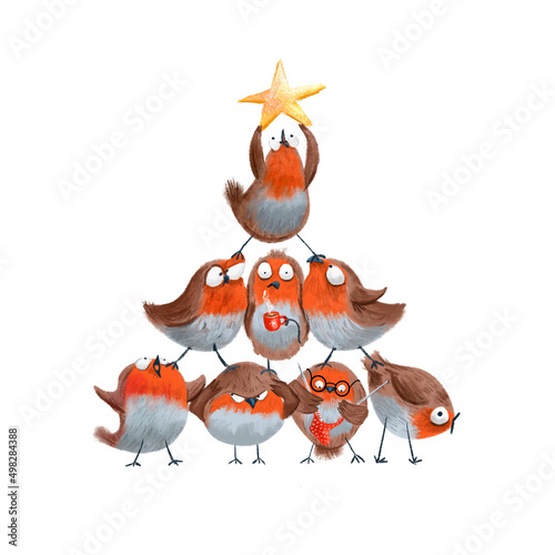 Robins make a christmas tree. Funny birds. Cute cartoon characters. Christmas card.