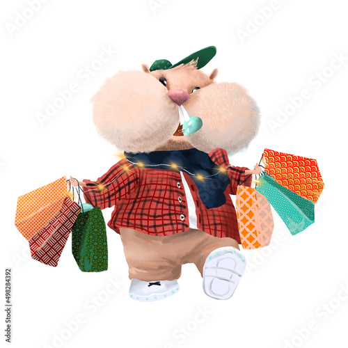 Love hamster with a lot of bags. Christmas shopping. Funny cartoon character.