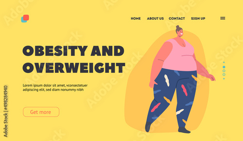 Obesity and Overweight Landing Page Template. Fatty Girl Weight Loss, Transformation. Corpulent Fat Woman Sports