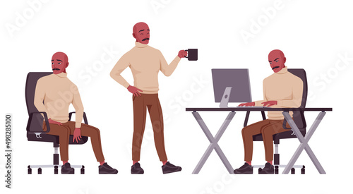 Handsome man set, spanish bold Latin American busy clerk. Office worker, businessman, male employee in formal wear. Vector flat style cartoon character isolated on white background, different poses