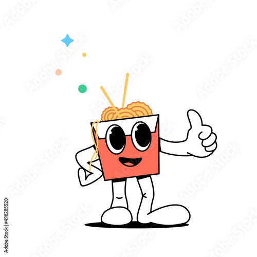 Cartoon chinese noodle stands and shows thumb up with hand. Chinese food delivery concept. Chinese noodles pack stylized character with big eyes.Food stock vector illustration.Isolated background.