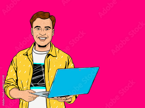 Young happy smiling man with laptop in the hand in comic style. IT Advertising poster of smart guy  standing and using computer. Business, technology and office concept.