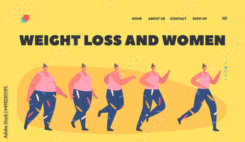 Weight Loss Landing Page Template. Transformation Stages of Obese Woman Turn into Healthy Body, Sport Training