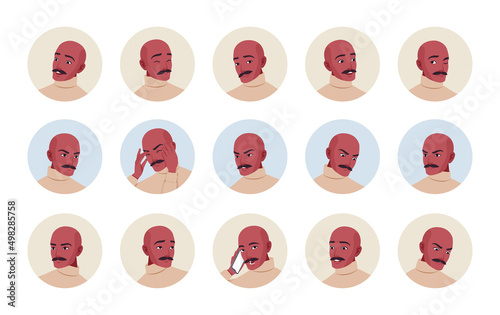 Handsome spanish bold Latin American portrait set business employee bundle. Different emotions face icons, character pic. Vector flat style cartoon avatar circle set isolated on white background