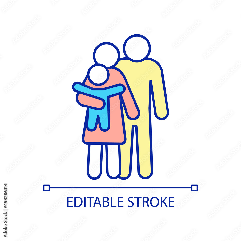 Family RGB color icon. Related group of people. Unity members. Household. Parents and child. Isolated vector illustration. Simple filled line drawing. Editable stroke. Arial font used Family RGB color icon. Related group of people. Unity members. Household. Parents and child. Isolated vector illustration. Simple filled line drawing. Editable stroke. Arial font used