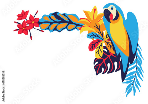 Frame with macaw parrot and tropical plants. Exotic decorative bird, flowers anf leaves.