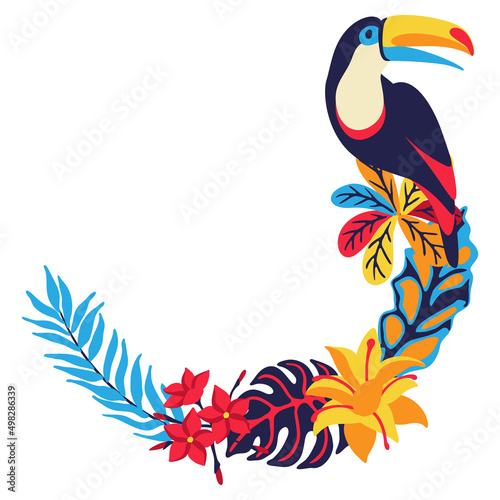 Frame with toucan and tropical plants. Exotic decorative bird, flowers anf leaves.