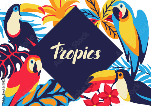 Card with macaw parrot, toucan and tropical plants. Exotic decorative birds, flowers anf leaves.