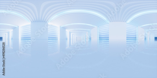Empty white tunnel, 3d rendering. 360-degree seamless panoramic view.
